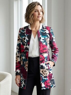 NWOT Adrianna Papell 8 Modern Contemporary Abstract Floral Spring Trench Coat